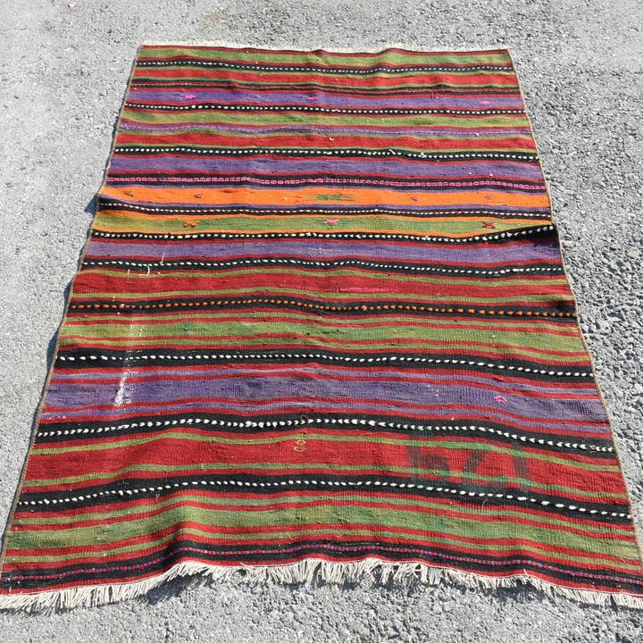 3.8x5.3 Ft Ethnic Striped Rug, Handmade Red Green Fringe for wholesale by Vintage Rugs Loom