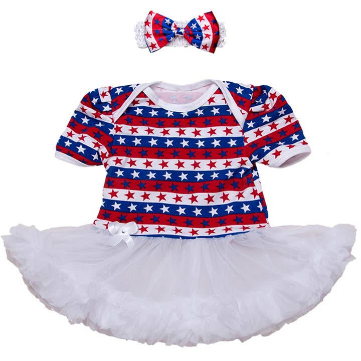 Fennco Styles - Wholesale Clothing Set - Baby - American Flag Star Baby Romper Tutu Dress & Headband