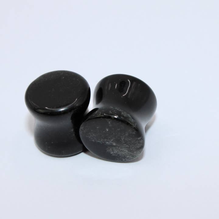Black Tourmaline Double Flare Plugs – Polished Crystal Gauges Pair for wholesale by EC Plugs and Gems