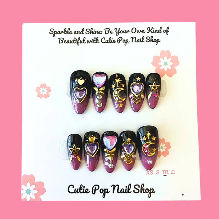 Ongles Pressés Cosmic Moon – Ensemble Céleste Violet Noir pour la vente par Cutie Pop Nail Shop