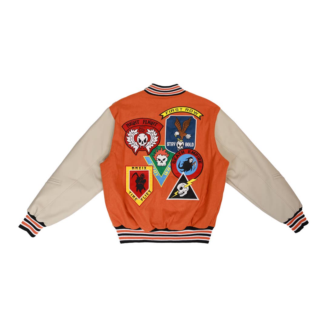 Orange LOGO ALLOVER VARSITY JACKET for wholesale on Faire1