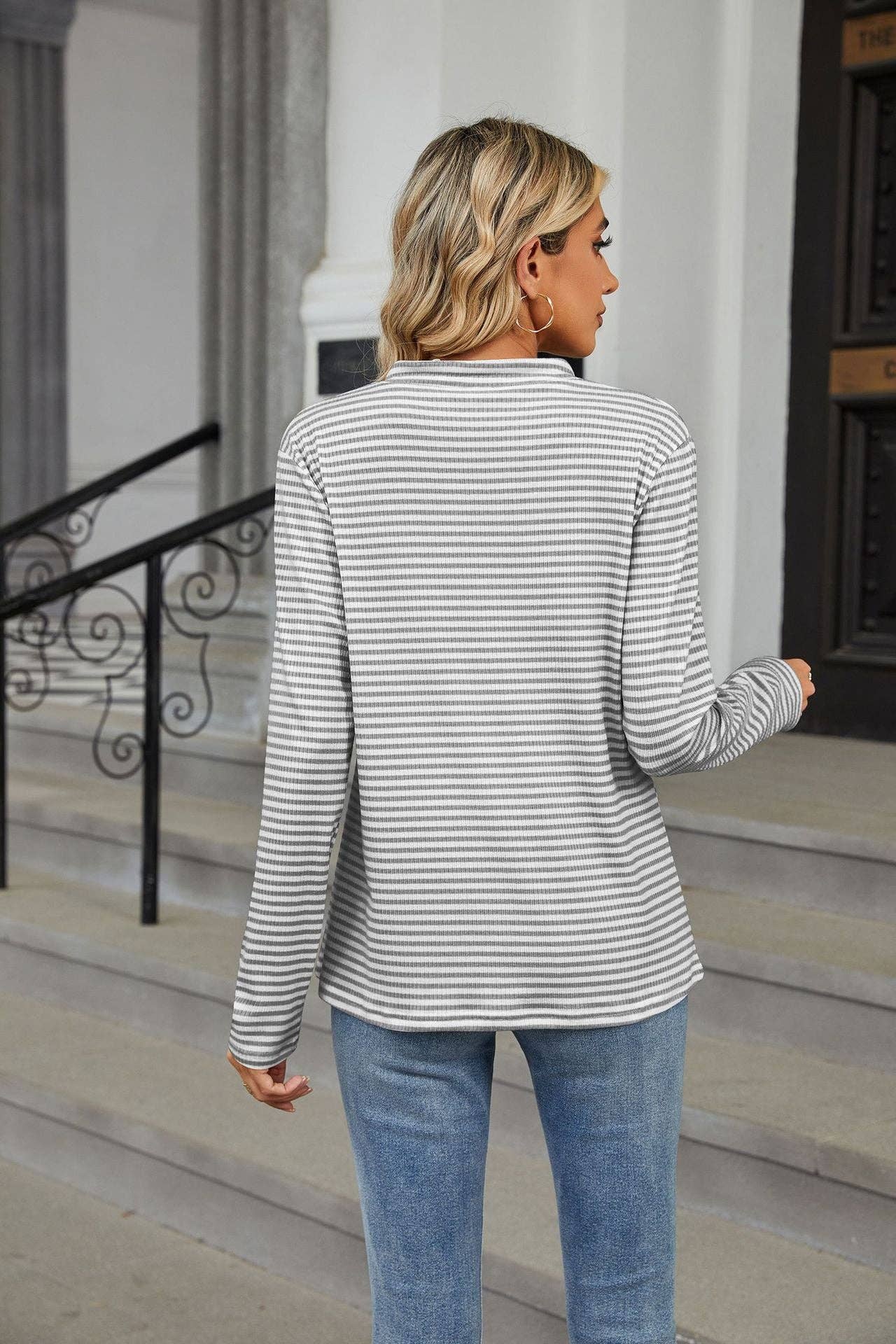 Lovesoft - Wholesale Knit Top - Women's - V-neck Button Striped Loose Long Sleeves8