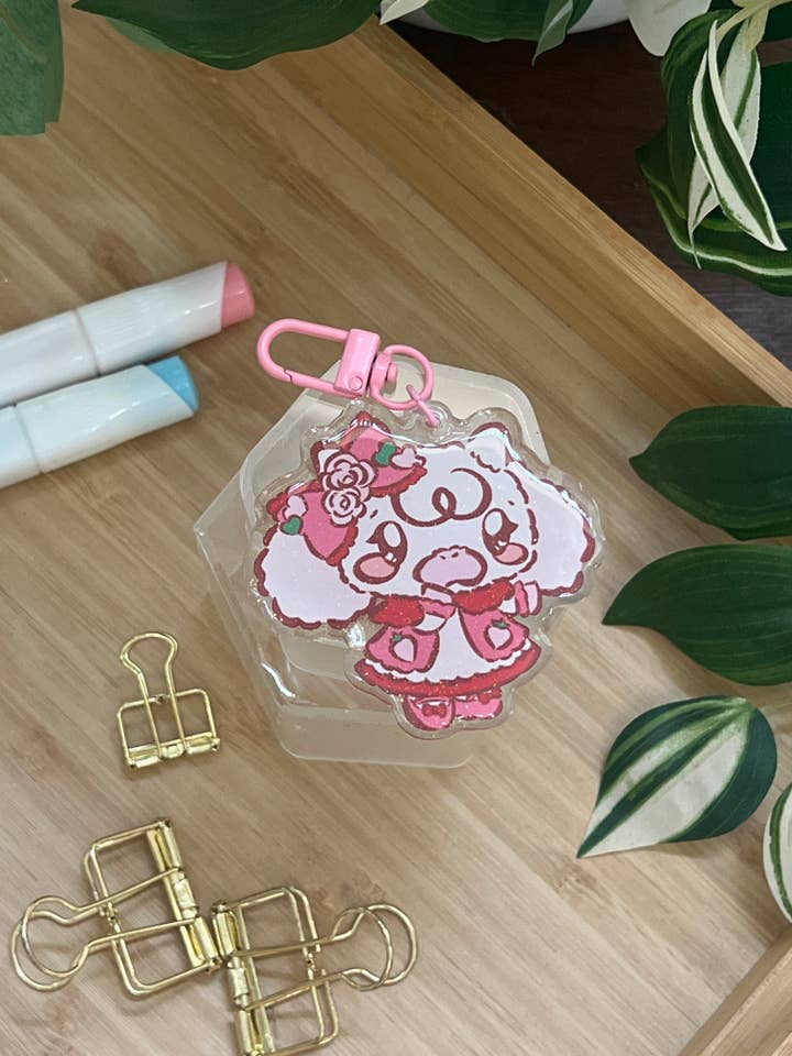 Aardbeien Shortcake Panko Dubbelzijdige Glitter Sleutelhanger voor wholesale door Peony Lee Art
