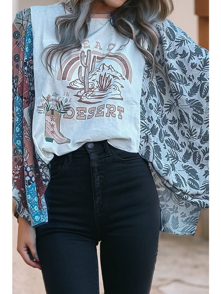 Multicolour LDC Asymmetric Patchwork Sleeve Peace Desert Graphic Tee for wholesale on Faire