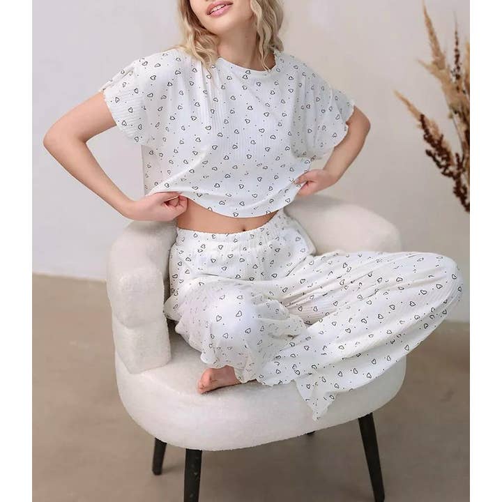 White Valentine's Day love pajamas pants three piece set for wholesale on Faire