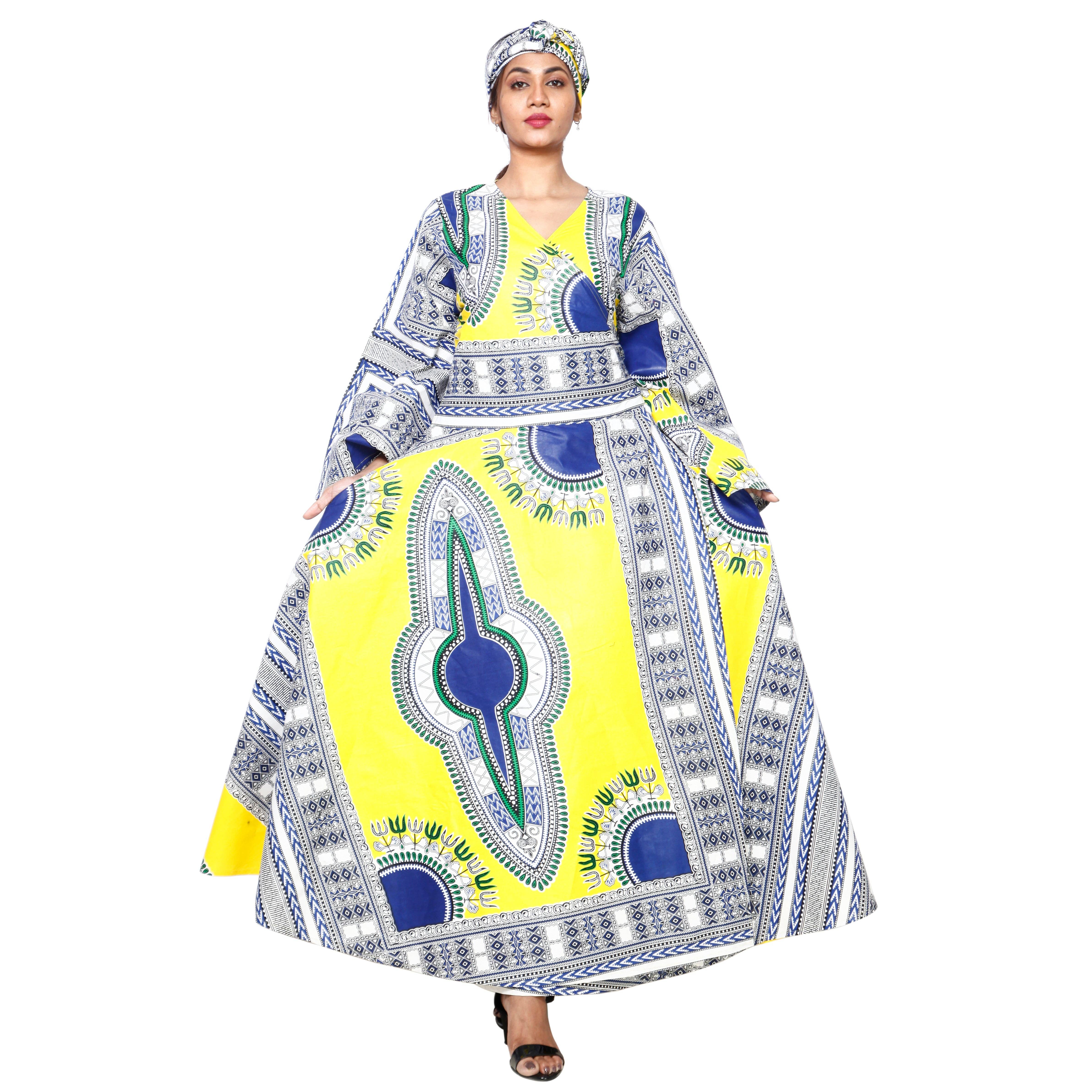 African Stars - Vente Robe – femme - Robe longue cache-cœur à manches longues pour femmes Dashiki -- FI-D56D6
