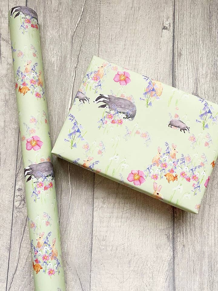Spring badger wrapping paper for wholesale by Ruth Goodwin Designs
