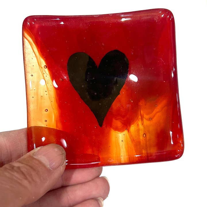 Black Heart Handmade 2.75" Fused Glass Small Dish for wholesale by Kiku Handmade | Contemporary Fused Glass Home Goods