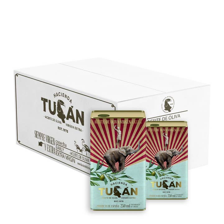 Lattina 250ml di olio d'oliva arbequina extravergine per la vendita all'ingrosso da parte di Hacienda Tucán