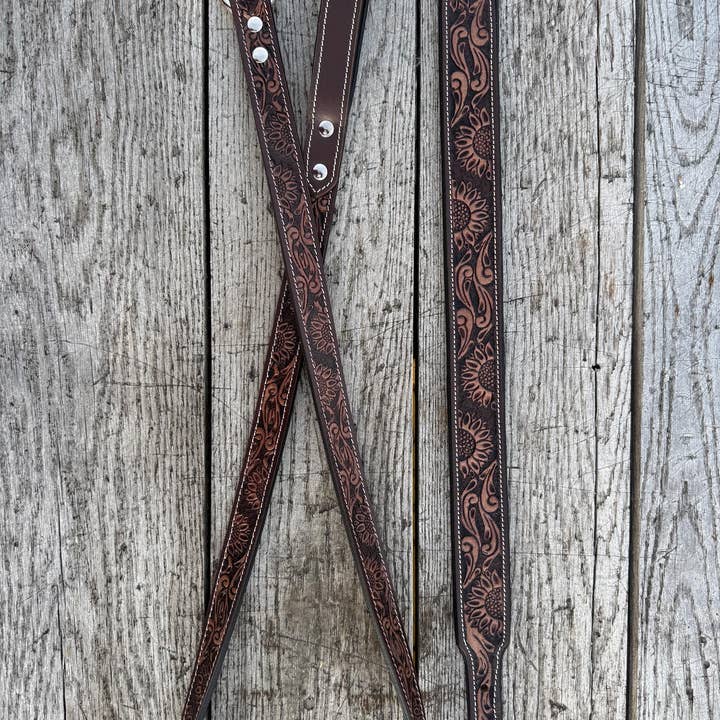 Double B Wild Rags - Wholesale Pet Collar - Dog - Western Genuine Leather dog collar or leash tooled details of sunflower daisy cactus floral turquoise feather by Double B Wild Rags9