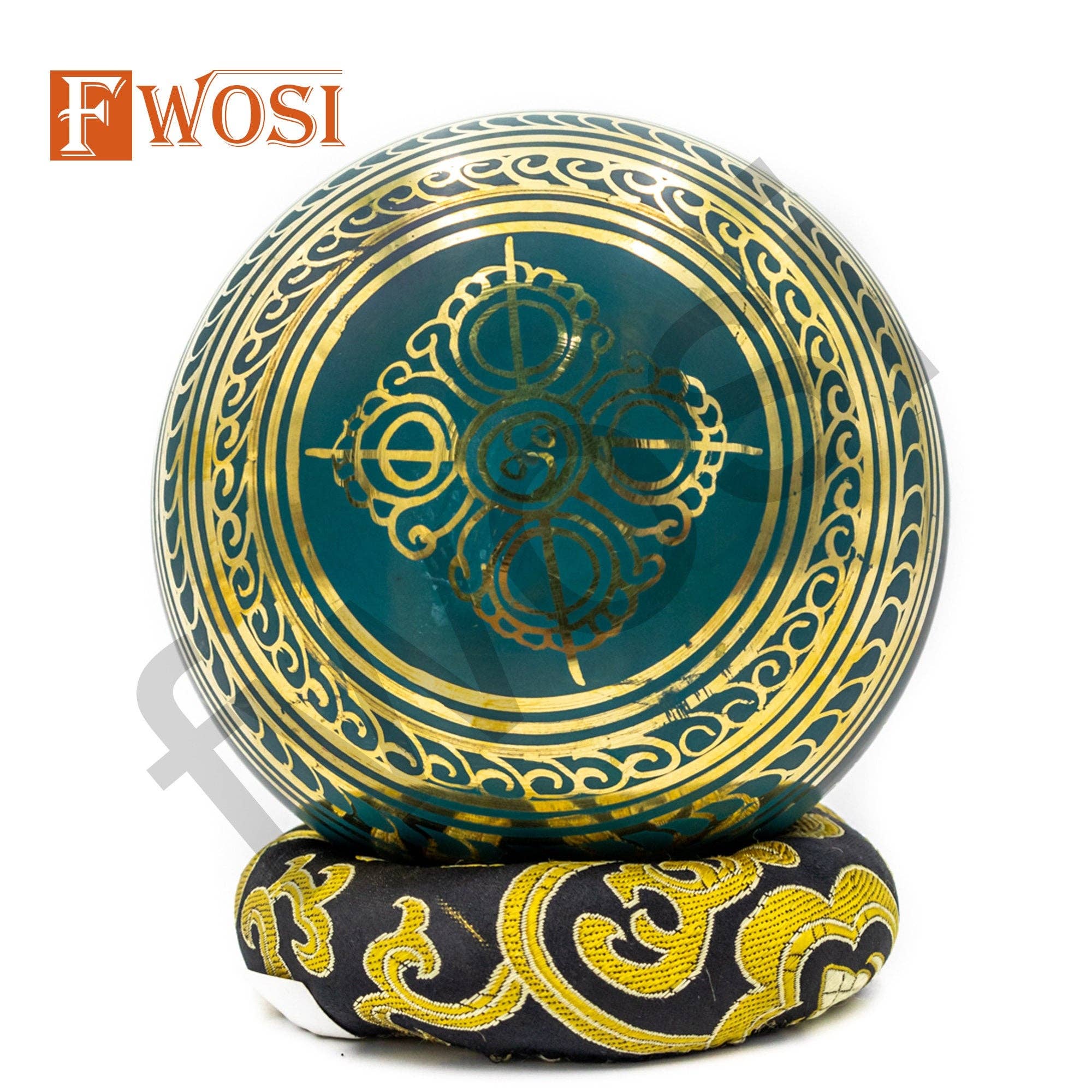 Fwosi - Vendita all'ingrosso Attrezzatura per meditazione - Ciotola Tibetana Antica Oro e Verde con Mazzuolo e Cuscino | Strumento Sonoro Spirituale per Meditazione, Yoga, Guarigione dei Chakra5