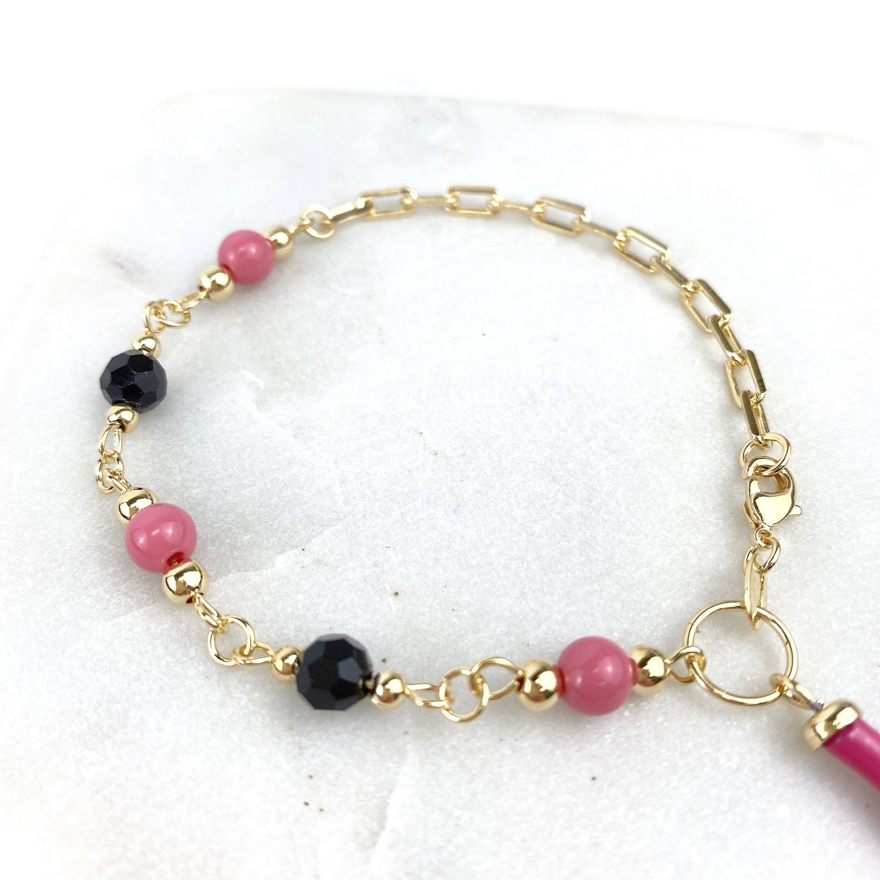 Luxus Accessories - Wholesale Charm/Dangle Bracelet - 18k Gold Filled PaperClip Pink Beads Figa Hand Charm Bracelet2