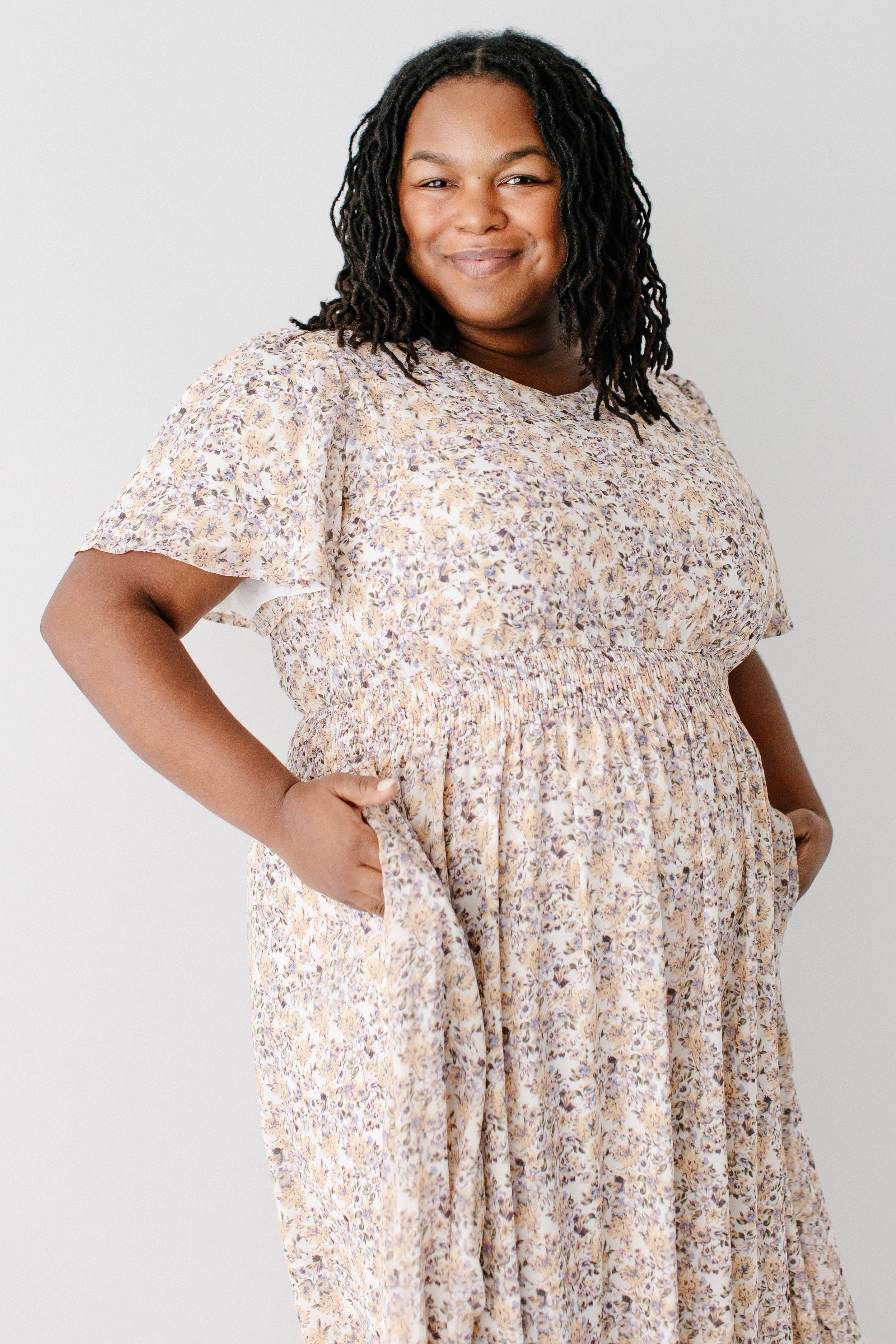 Ivory 'Felicity' Floral Print Smocked Waist Maxi Dress for wholesale on Faire8