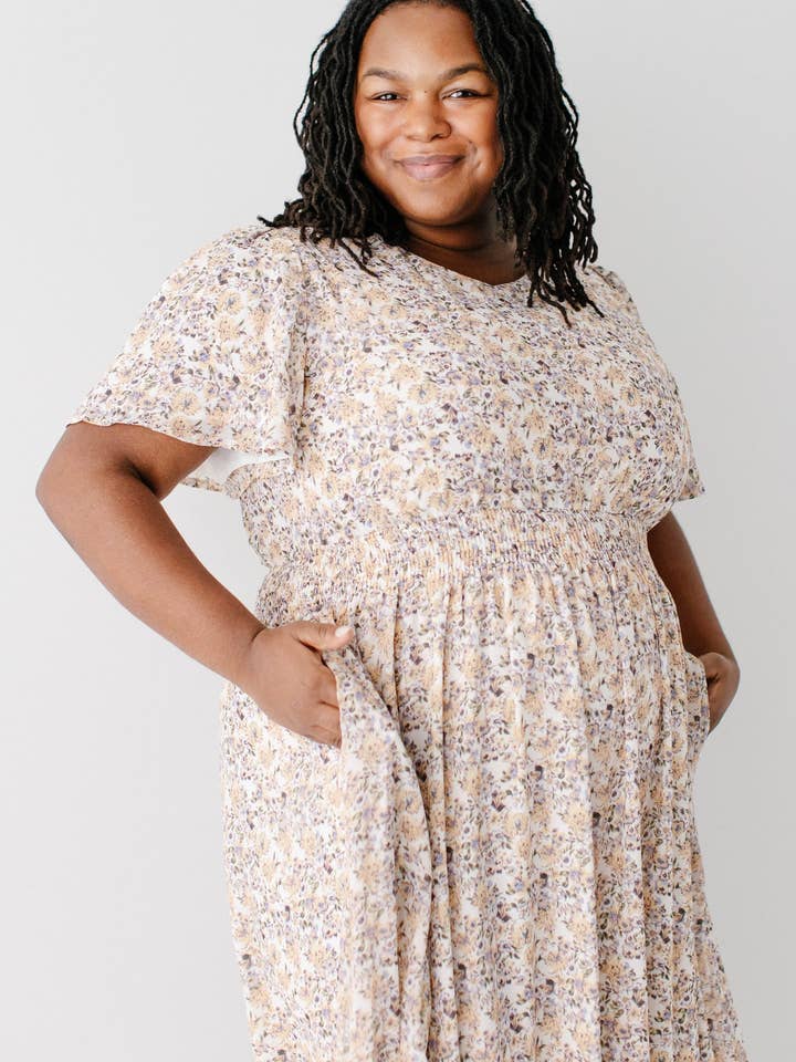 Ivory 'Felicity' Floral Print Smocked Waist Maxi Dress for wholesale on Faire8