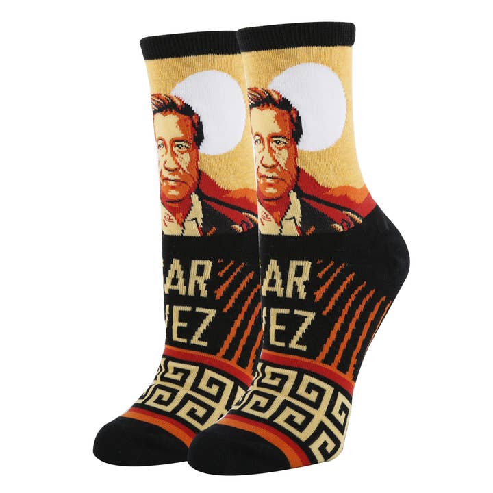 Cesar Chavez | Women's Funny Crew Socks for wholesale by Oooh Yeah/Sock It Up/Oooh Geez Slippers