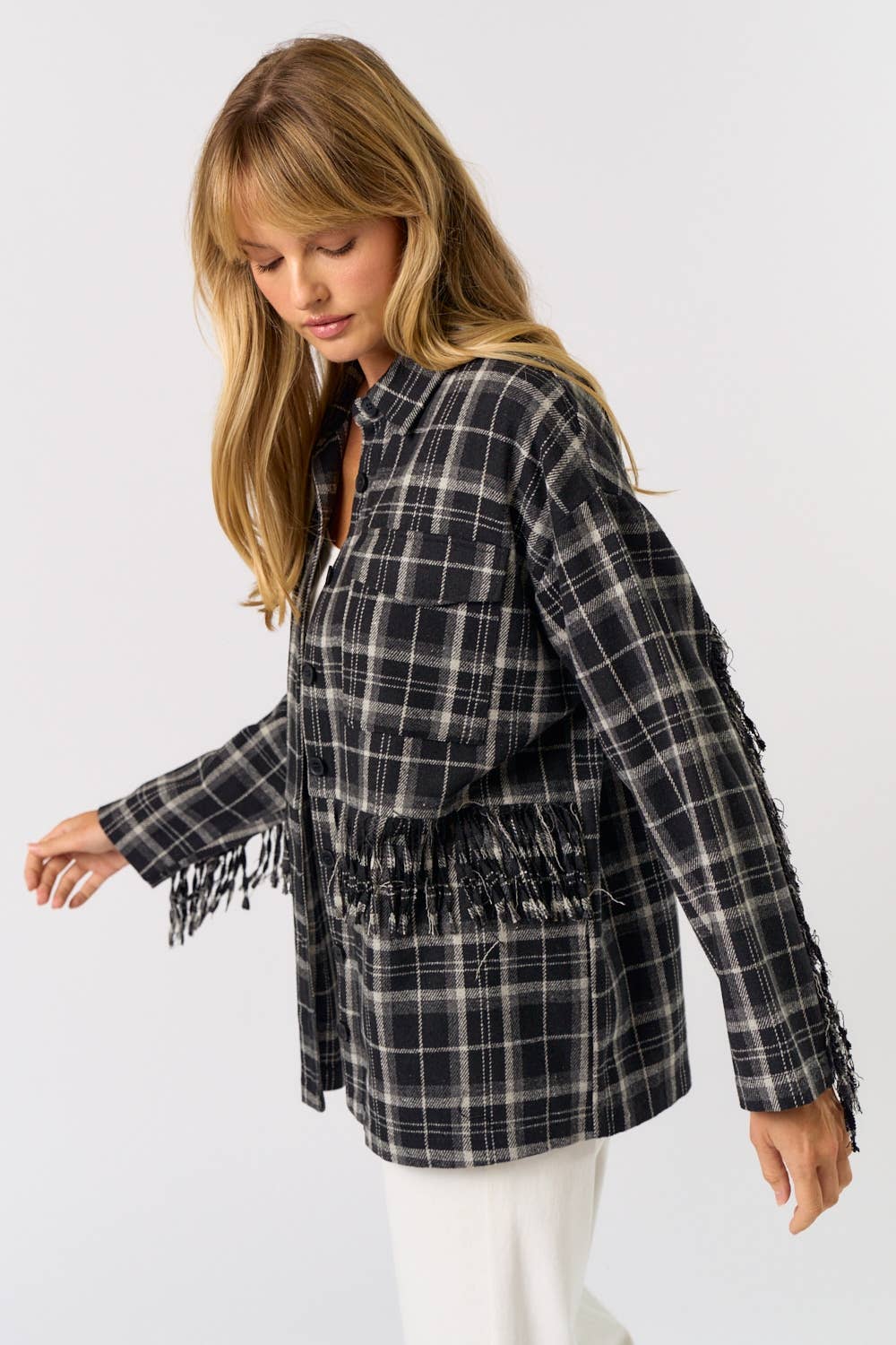 Lalavon - Wholesale Button Down Shirt - Women's - ILT1505 Plaid button up w/ fringe detail5