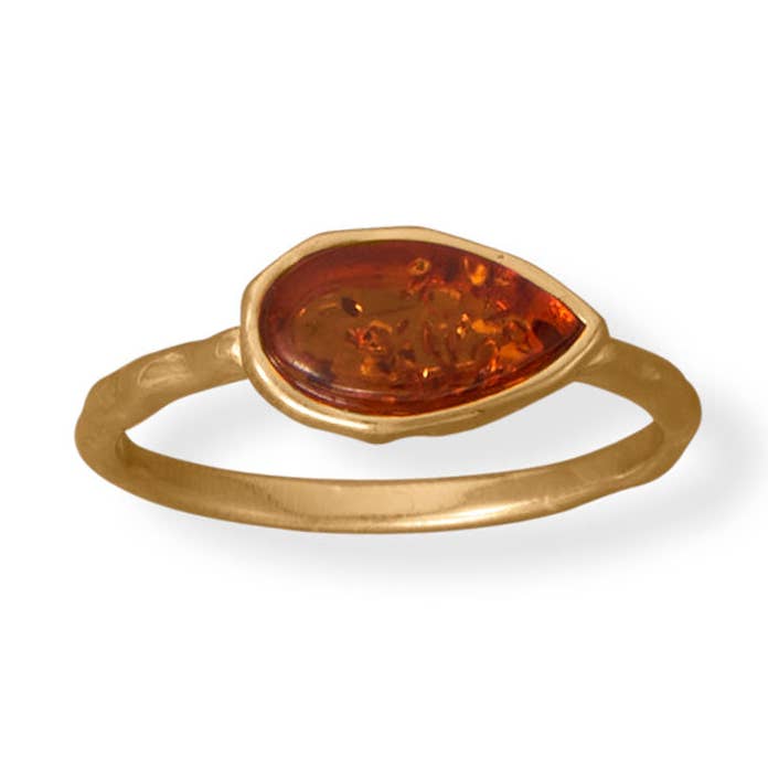 Anillo de ámbar báltico con forma de pera chapado en oro de 24 quilates para venta al por mayor de Silver Stars Collection