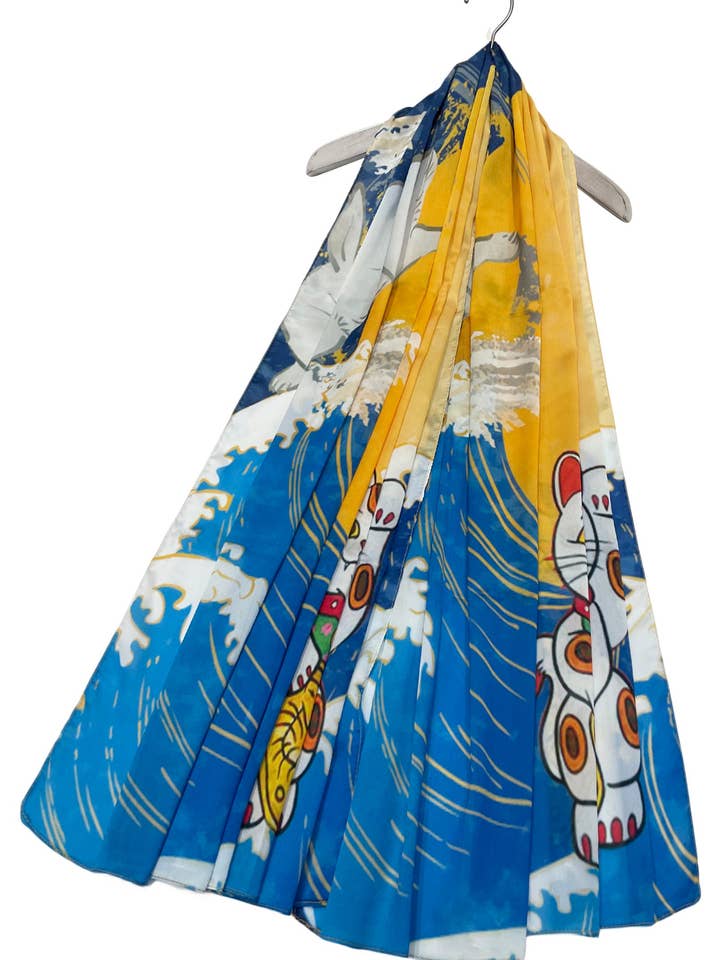 Japanese Lucky Cat & Rabbit Print Silk Scarf for wholesale by Fashion Scarf World