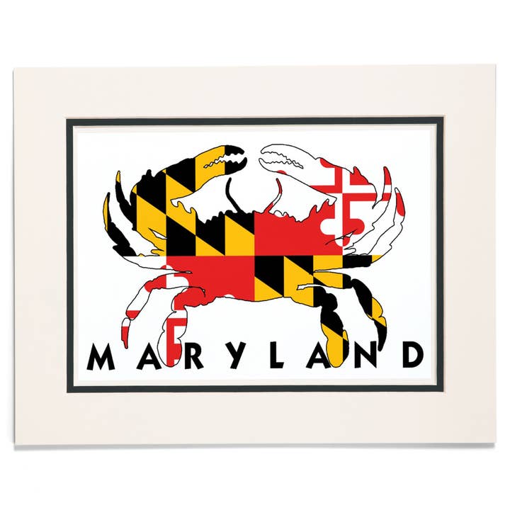MATTED PRINTS Maryland, Crab Flag (bianco con testo nero) per la vendita all'ingrosso da parte di Lantern Press