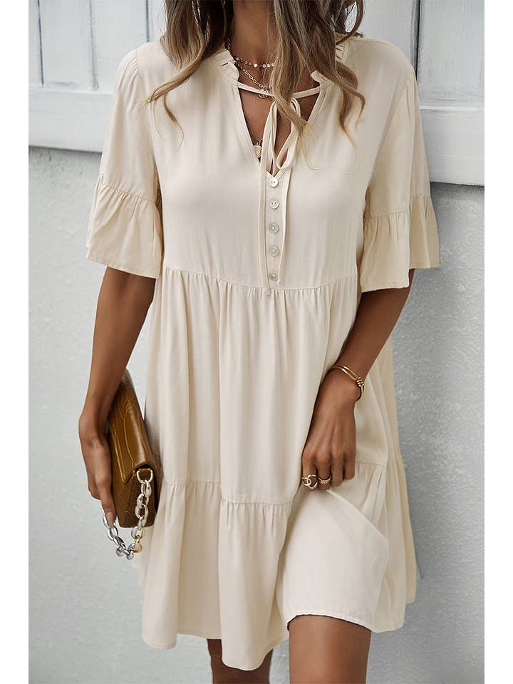 Supreme Fashion – wholesale Dress – Women's – V Neck Flounce Sleeve Ruffle Hem Tie Neck Smock Dress