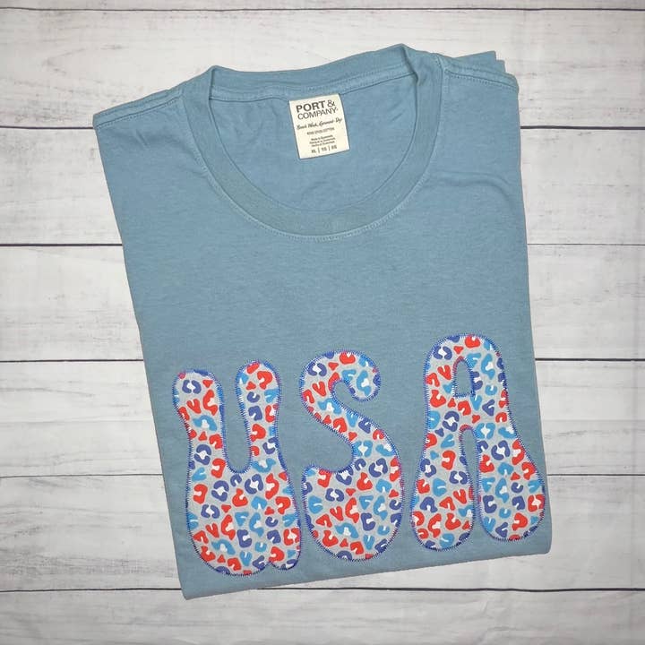 USA Embroidered Applique Tee for wholesale by Handmade Pieces Company LLC