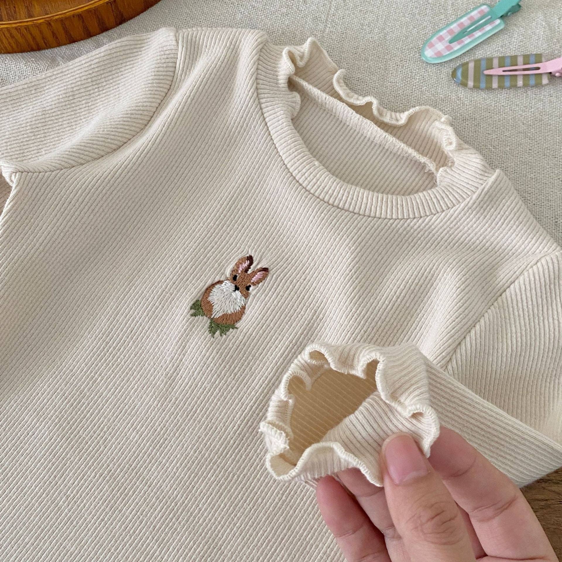 Beige Autumn Arrival Baby Girls Long Sleeves Simple Rabbit Embroidered bodysuit for wholesale on Faire6