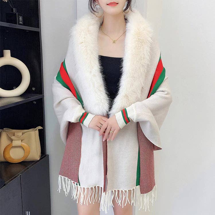 Ole - Wholesale Wrap - Women's - Striped Fur Collar Tassel Shawl S01843