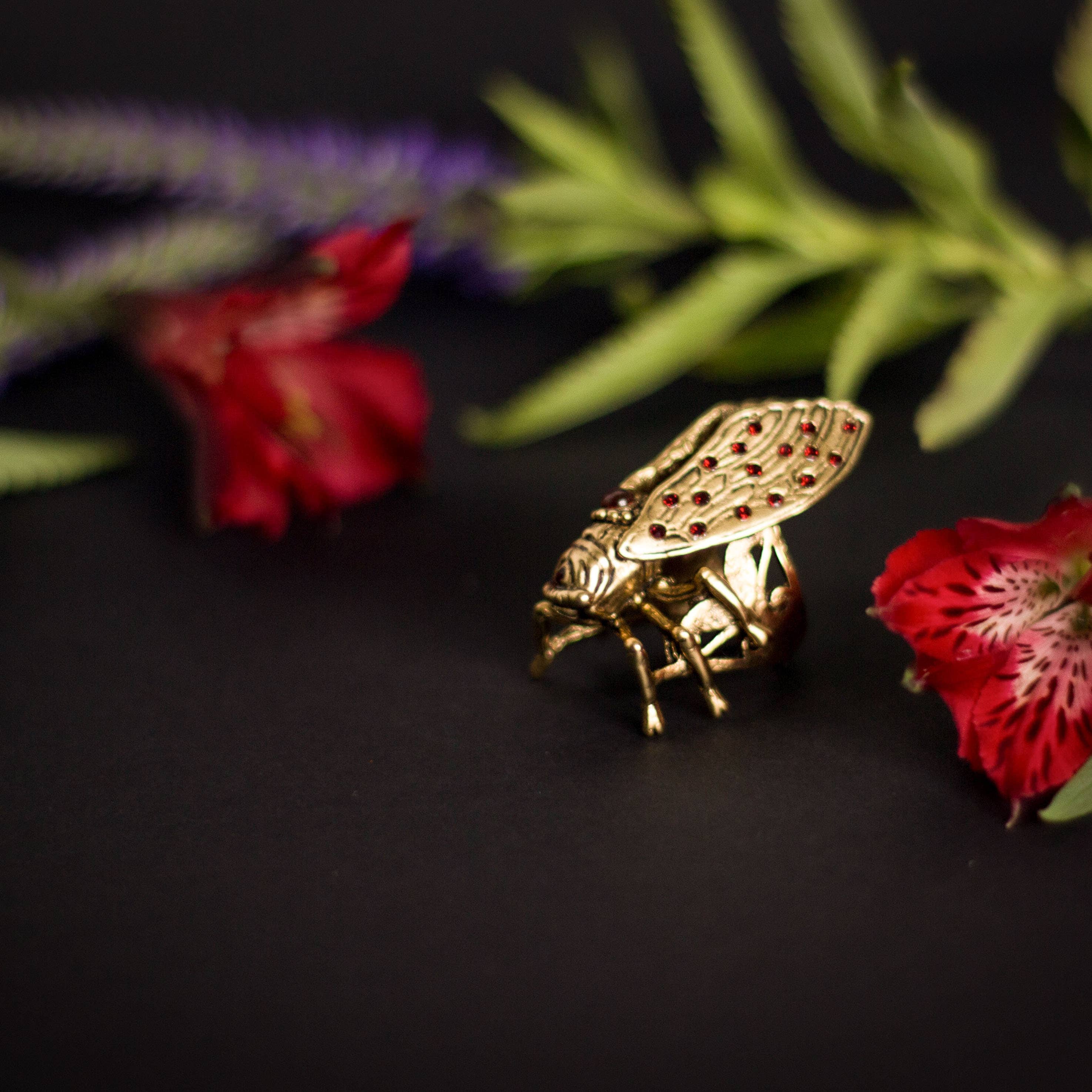 Trollbinde - Wholesale Signet Ring - “Living” Cicada Ring: Garnet, Lilith Style1