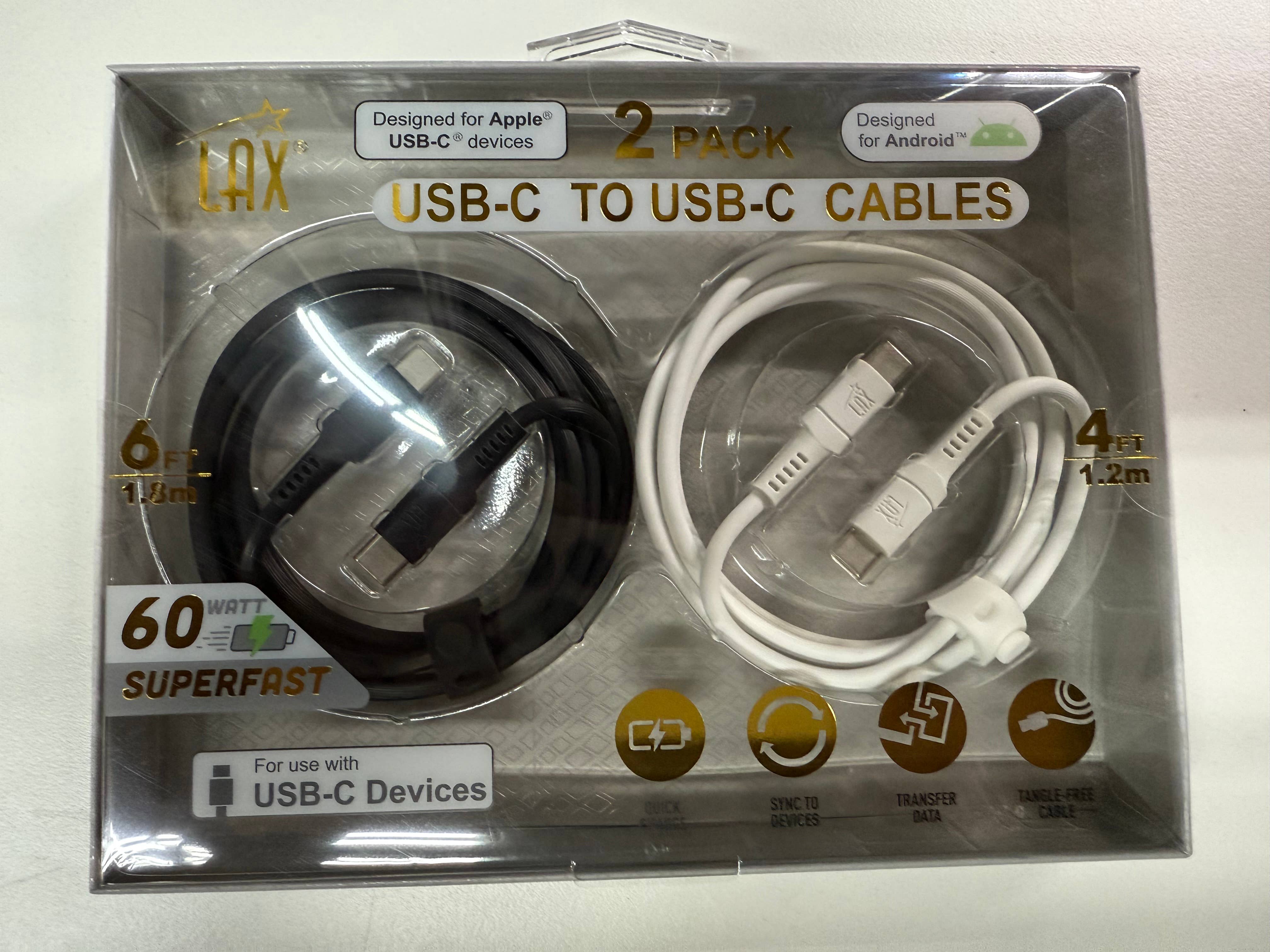 LAX Gadgets – wholesale Charging cable – 2-Pack USB-C To USB-C Cables For Type-C Devices—Retail Pack1