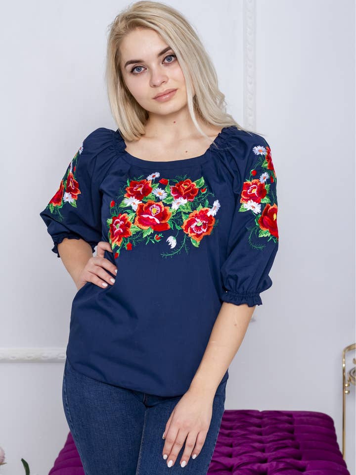 Perfection Dark Blue Embroidered Blouse for wholesale by Galychanka