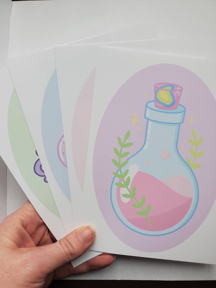 Pastel Magic 5" x 7" Cute Pastel Witchy Art Prints | Potion - Cauldron - Hourglass - Snakes for wholesale by StrangelyArranged