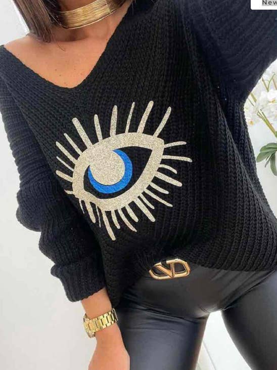 LOOWIE - Wholesale Knit Sweater - Women's - 201 Black One Size V Neck Cozy Eye Sweater LOOWIE