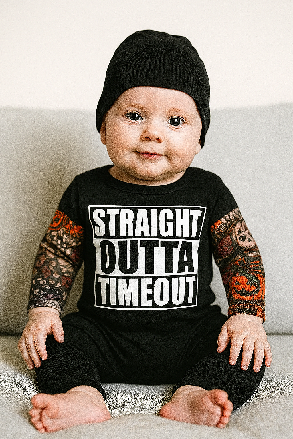 Fennco Styles - Vente Barboteuse – bébé - Barboteuse noire pour bébé à manches tatouées Straight Outta Timeout3