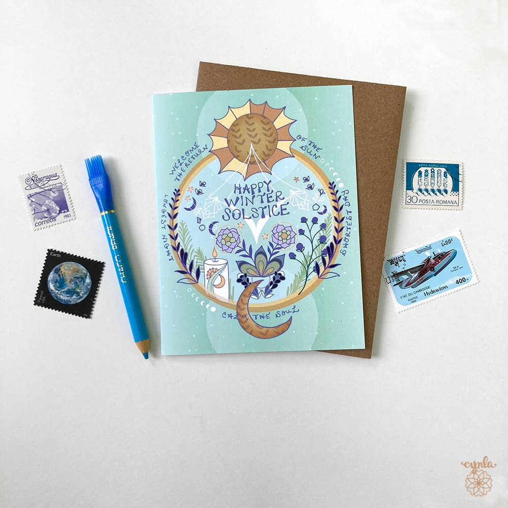 Cynla – Großhandel Saisongrußkarte – Schachtel mit 8 Karten zur Wintersonnenwende — Weihnachtsgrußkarte Happy3
