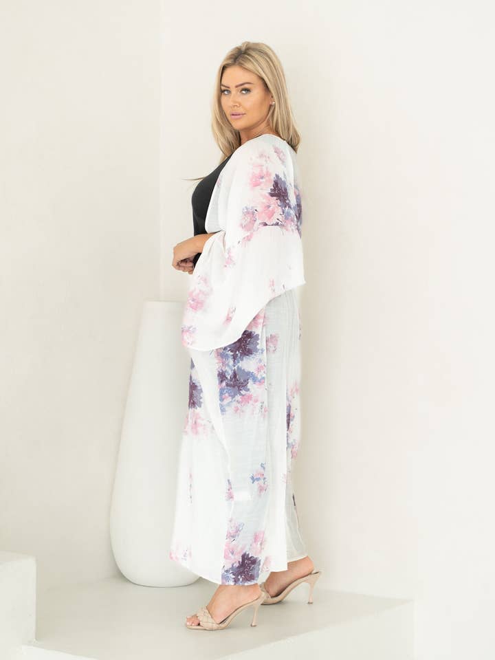 Shop T.K.S - Vendita all'ingrosso Kimono - Donna - Copricostume da spiaggia Chelsea bianco con motivo floreale lungo2