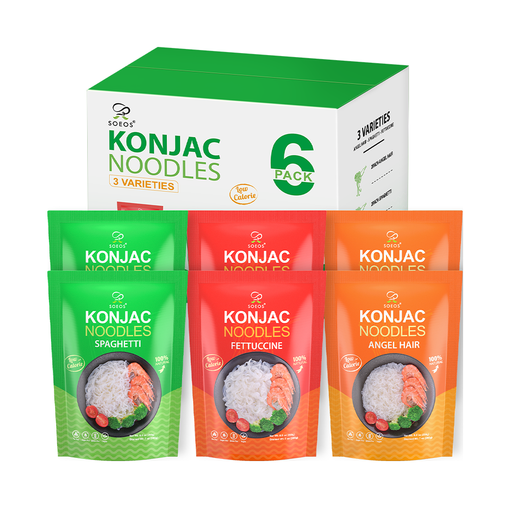soeos - Wholesale Pasta - Konjac Noodles, 3 Variety Noodles, Fettuccine, Angel Hair, Spaghetti, 8.8 oz (250 g)*60