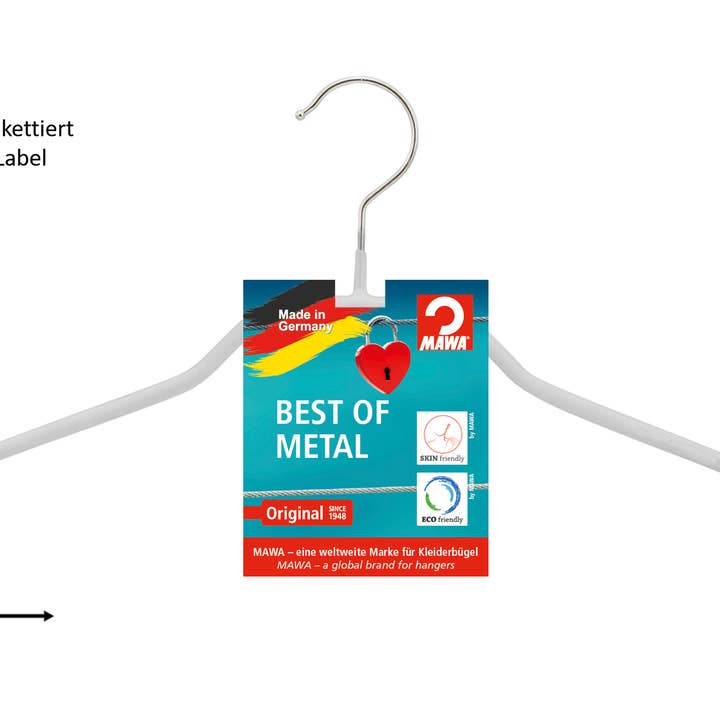 Percha silueta F con etiqueta, blanca, 36 cm para venta al por mayor de MAWA