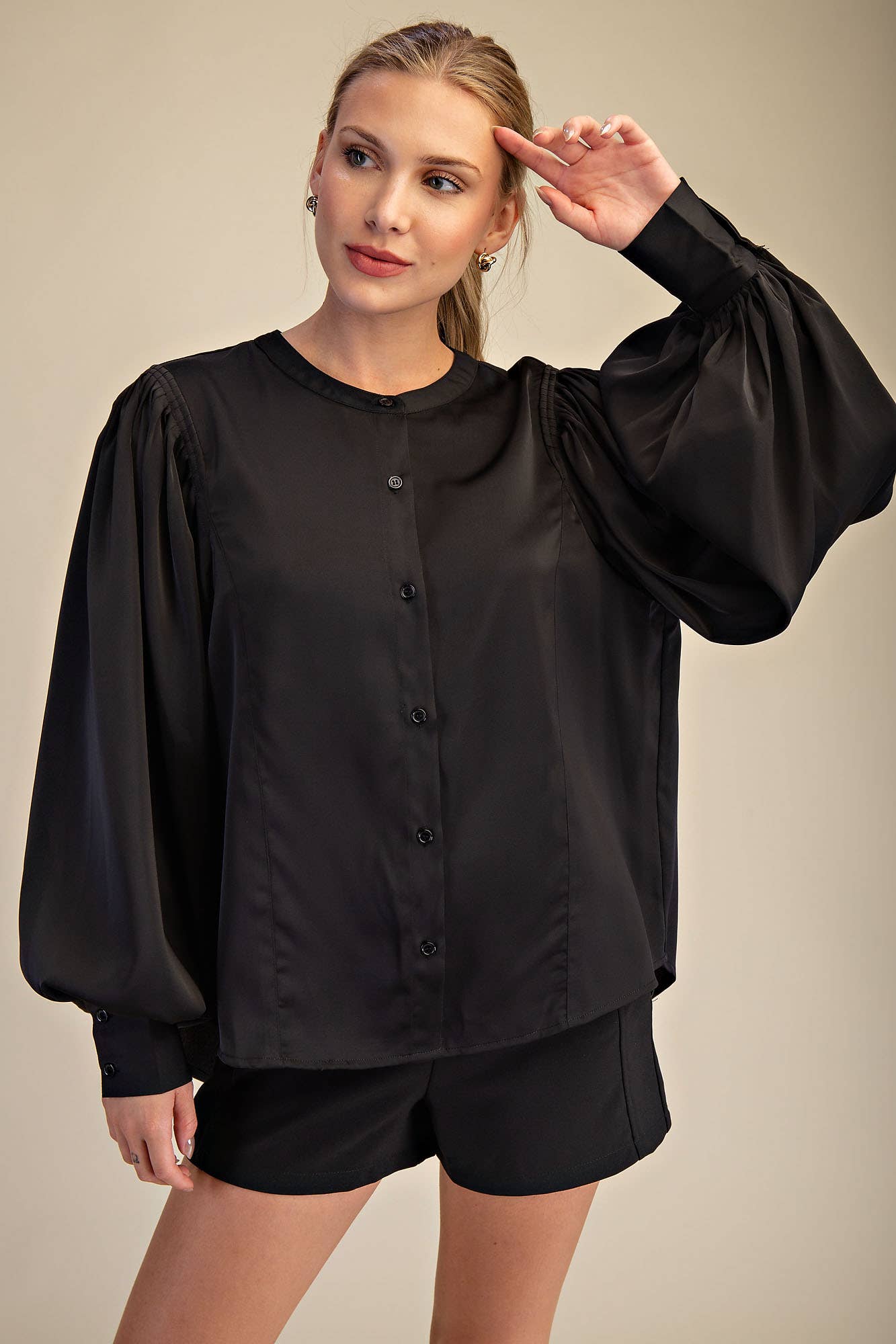 Glam - Wholesale Blouse - Women's - Round Neck Button Down Puff Long Sleeve Satin Top0