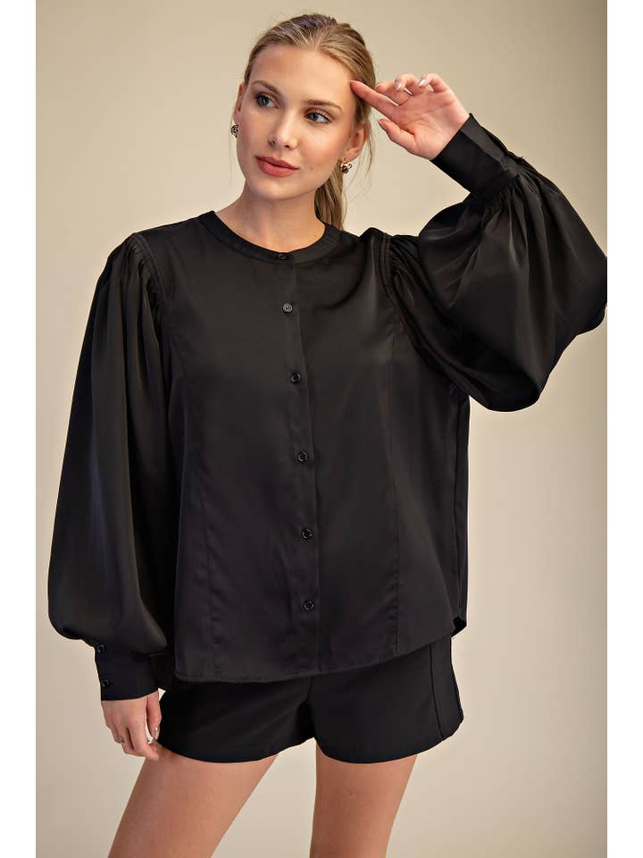 Glam - Wholesale Blouse - Women's - Round Neck Button Down Puff Long Sleeve Satin Top