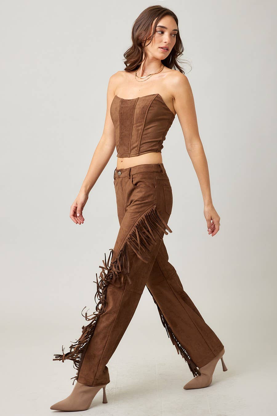 MOCHA Suede Fringed Pants for wholesale on Faire5
