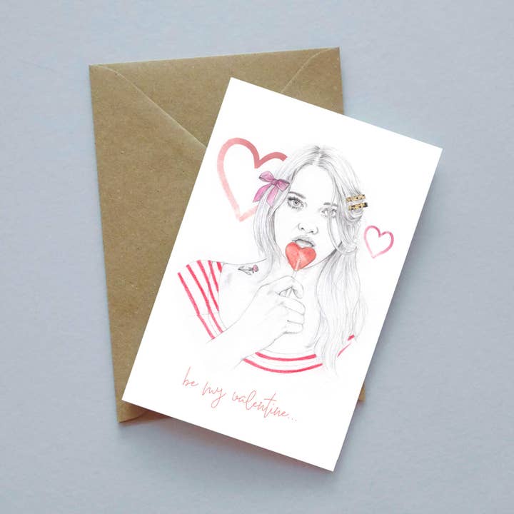 'Be my valentine' Heart Lolly Greeting Card for wholesale by Kirsty McGill