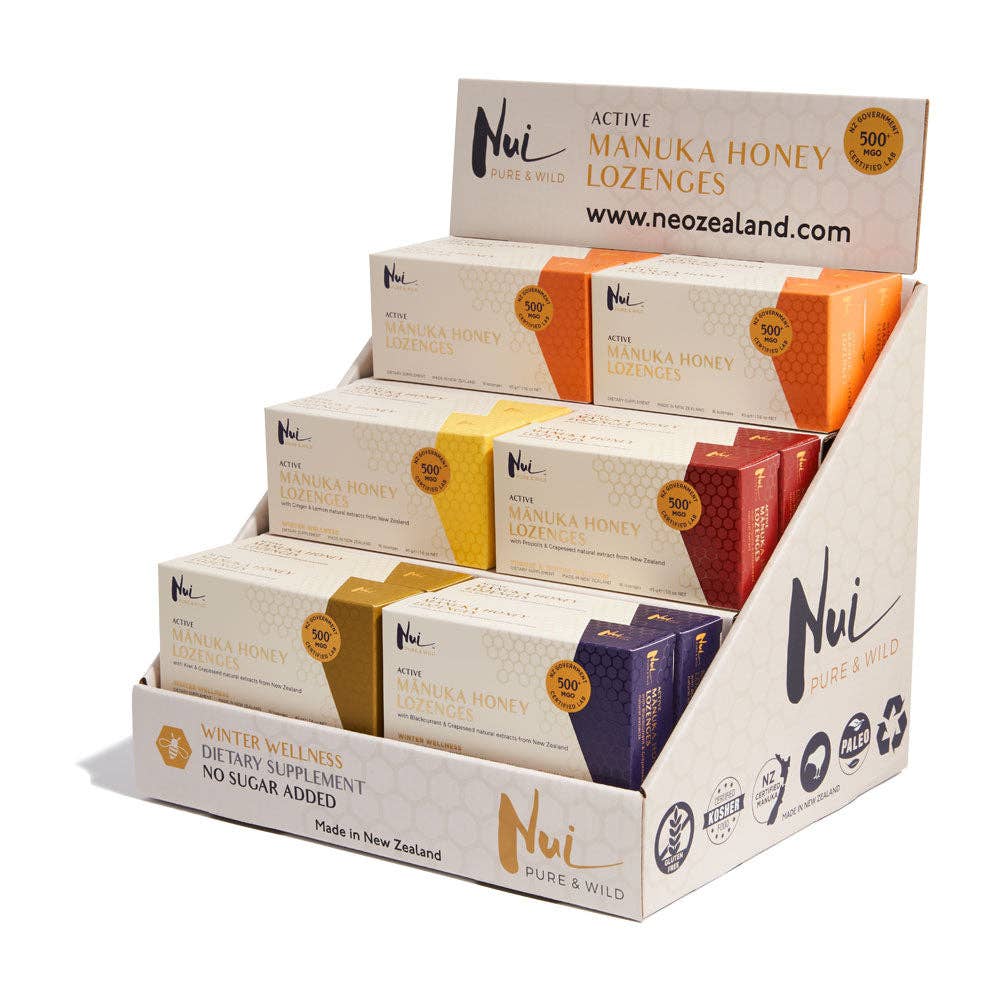 Koru – wholesale Pastiller/droppar mot hosta – NUI Aktiva Mānuka Honungspastiller med Kiwi- och Druvkärneextrakt - MGO 500+ | UMF 15+ | Förpackning med 167
