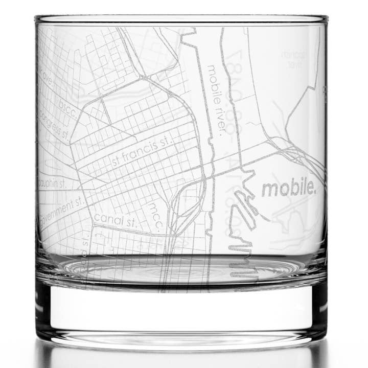 Mobile, AL City Map - Etched Whiskey Rocks Glass for wholesale by Well Told