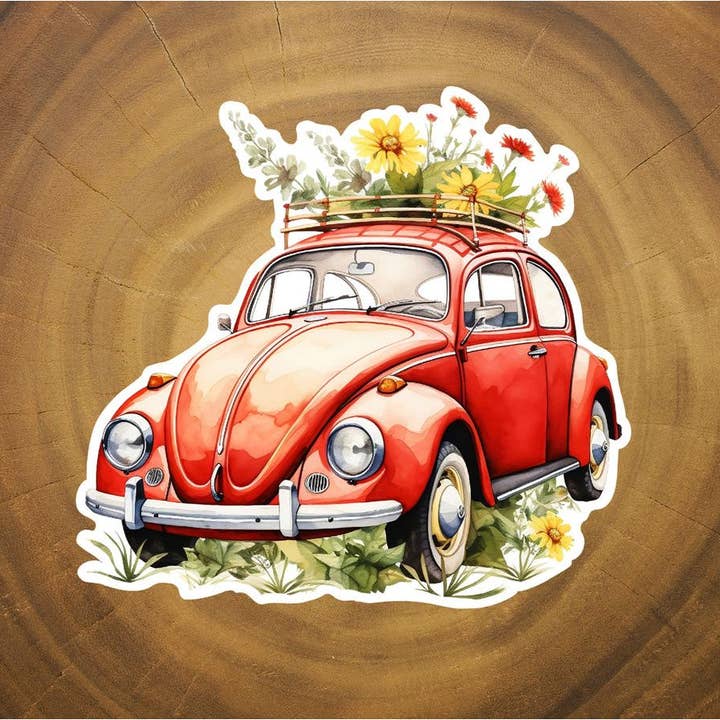 Missional Merch - Venta al por mayor Pegatina - Pegatina VW Beetle con flores, bonita pegatina, hippie Happy