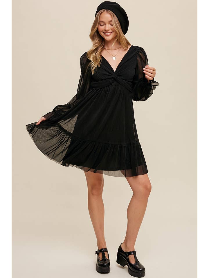 Black Pleated Chiffon Open Back Mini Dress LD1283 for wholesale on Faire10