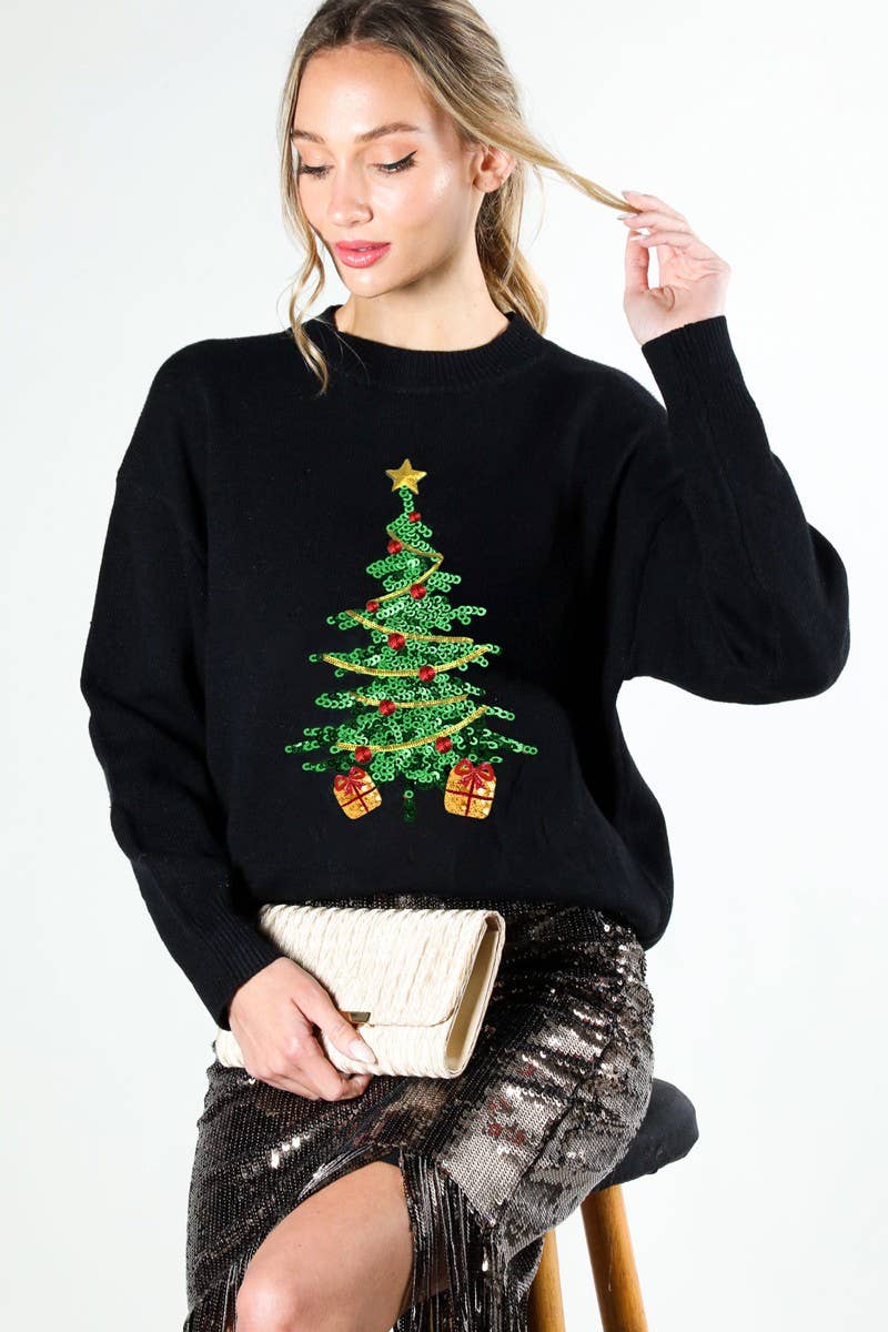 Vine & Love - Wholesale Knit Sweater - Women's - Christmas Tree Sequin Accent Knitted Sweater VT81484G10