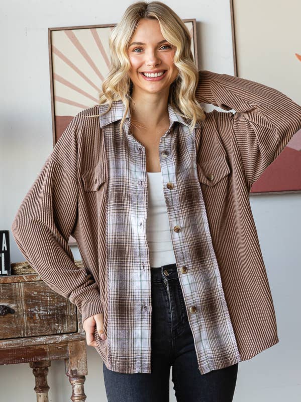 7th Ray - Wholesale Shirt Jacket/Shacket - Women's - Rib Plaid Contrast Drop Shoulder Button Down Shacket T5809
