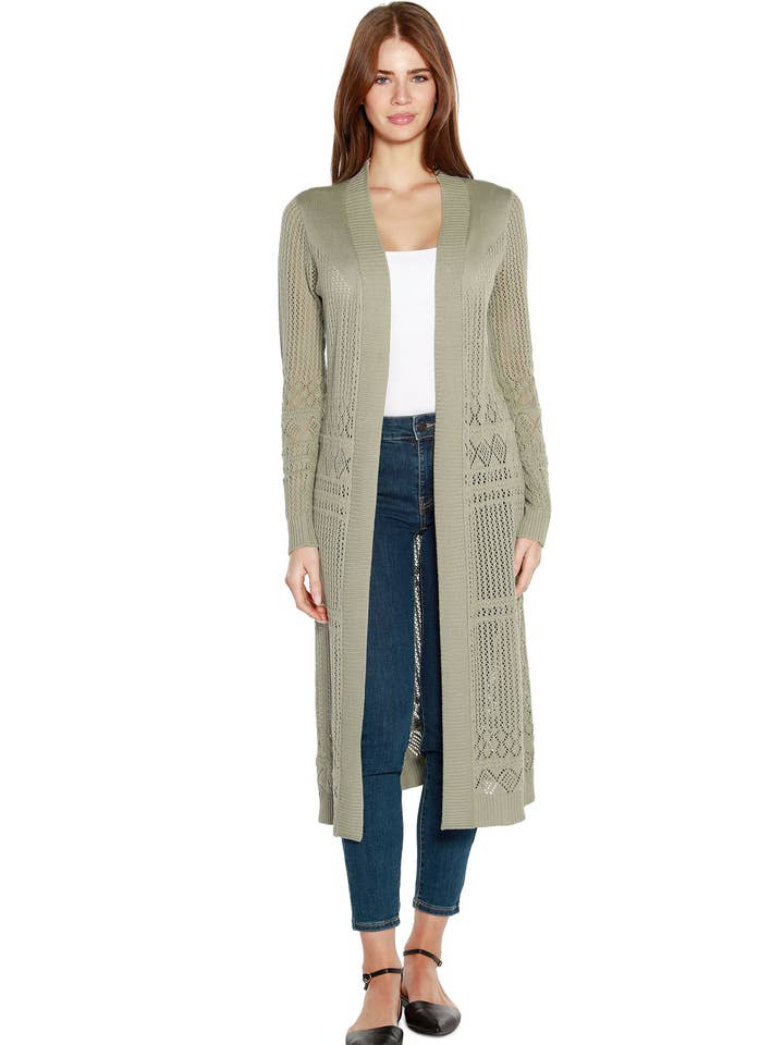 Women's Pointelle Crochet Long Cardigan Duster for wholesale by Belldini