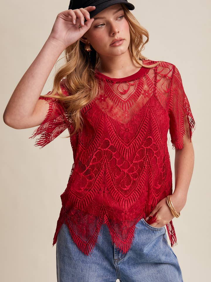 Scalloped Lace Short Sleeve Top LT1211 for wholesale by Listicle