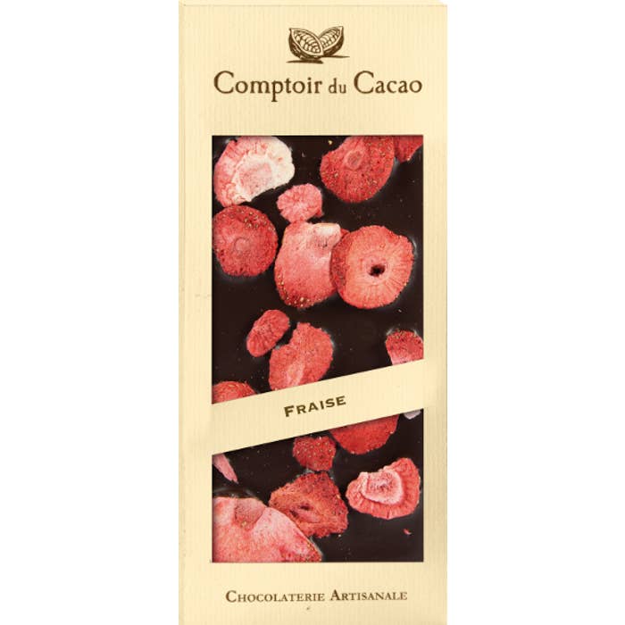 French Feast - Wholesale Chocolate Bar - Comptoir du Cacao Dark choc bar w/ strawberries